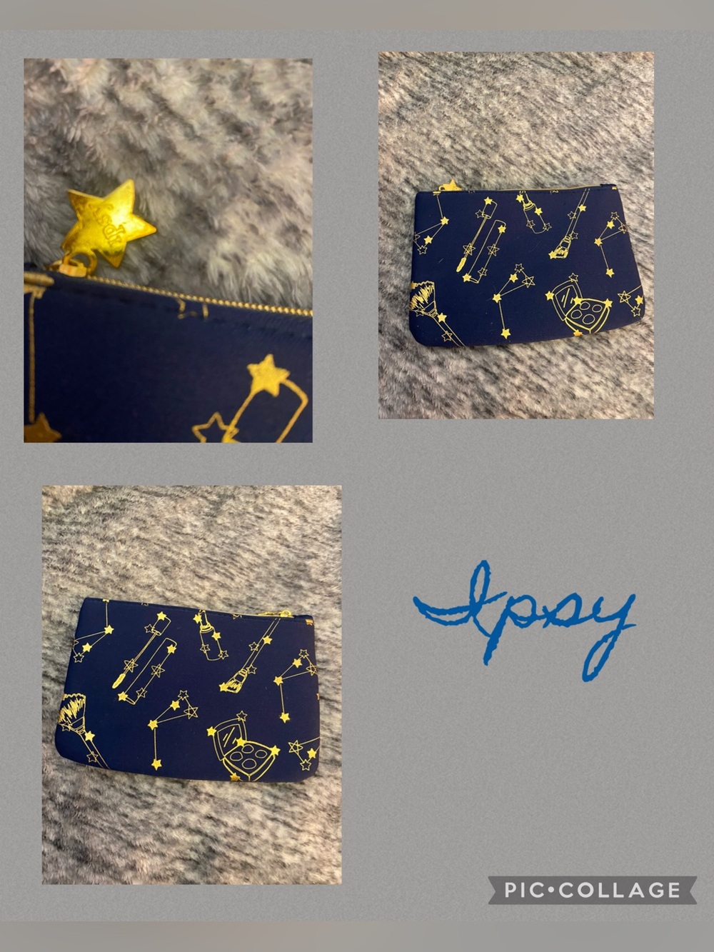 ipsy Blue and Gold Cosmetic Bag with Celestial makeup brush Pattern
